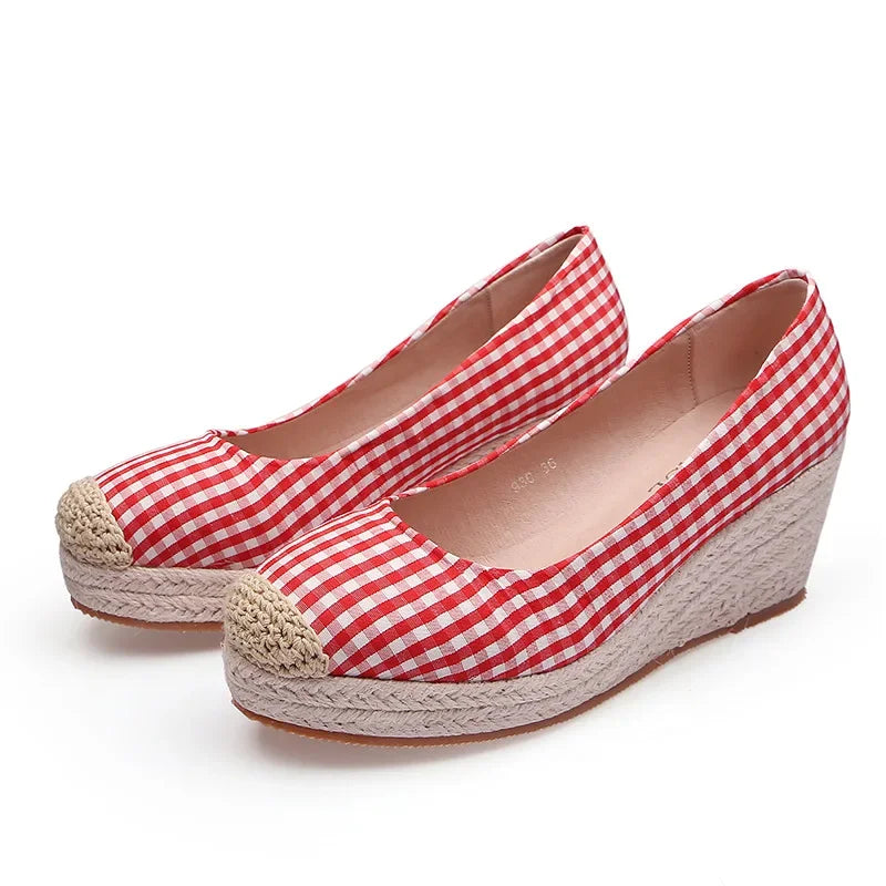 Product Image for Wedges Absatzschuhe Damen Frühling Sommer Stoff Plaid Damen High Heel 7cm, Rot / 4