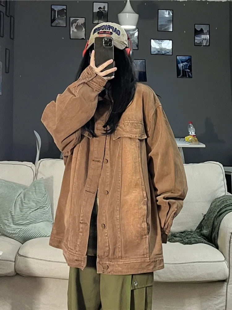 Product Image for Sandsberg | Y2k Ästhetik Streetwear Jeansjacke Damen und Herren Harajuku Vintage Punk Cargo Tops Lockere Mode Casual Chaqueta Mujer, braun / XXL