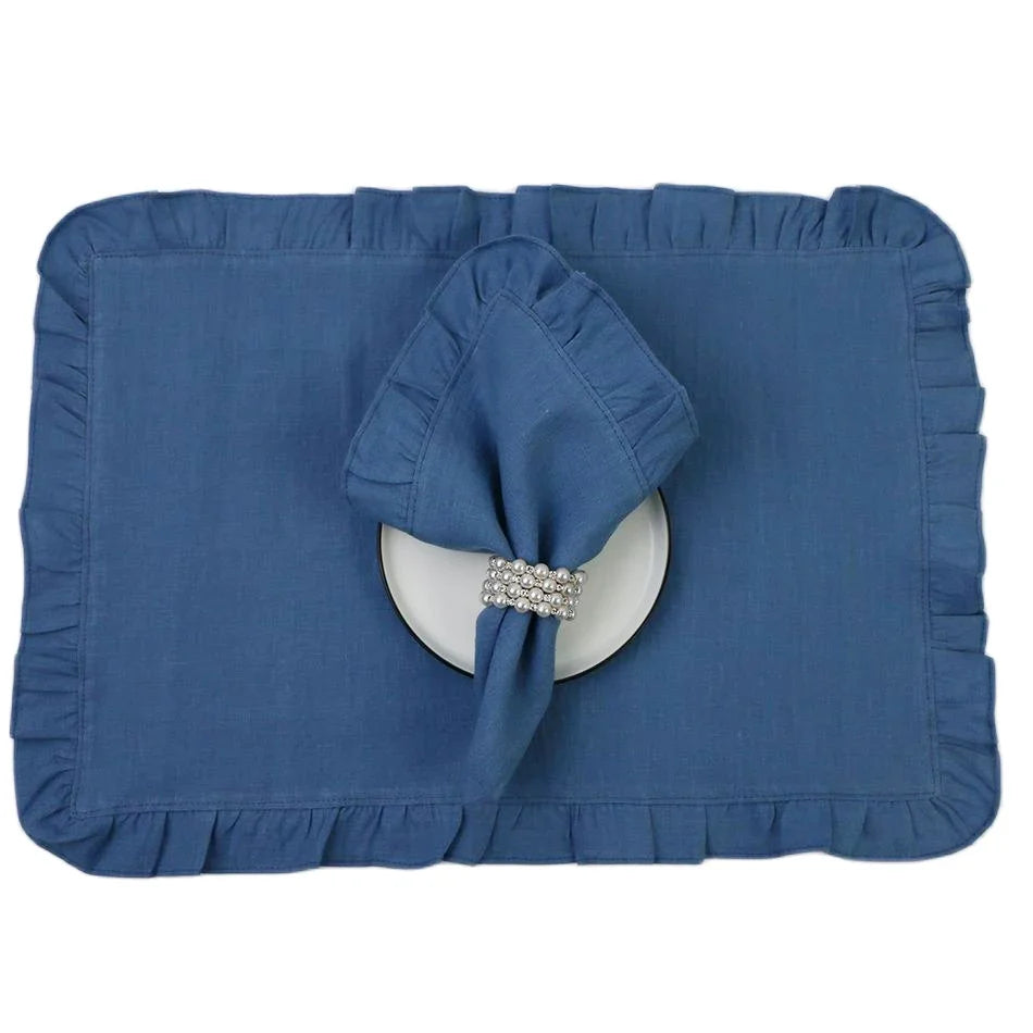 Product Image for Sandsberg 4PCS 100% Leinen Rüsche Platzsets, Elegante Serviettenstoffe, Eventdesign Hochzeitsessen Tisch Dinner Party Dekor, Blau / 45x45cm / 