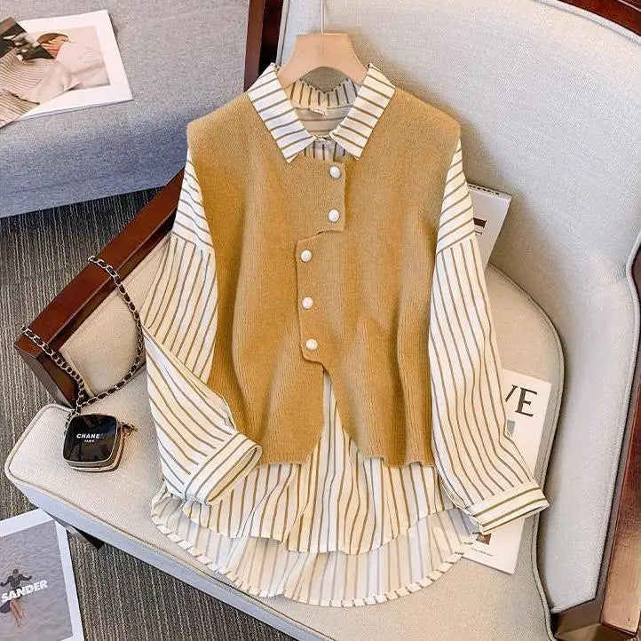 Product Image for Sandsberg | Neue Damenblusen Shirt Weste Fake Zweiteilig Polo Neck Mode Vielseitig Hoch Locker End Gestreift Frühling und Herbst Ausgabe, Khaki / S