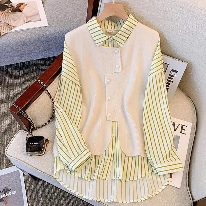 Product Image for Sandsberg | Neue Damenblusen Shirt Weste Fake Zweiteilig Polo Neck Mode Vielseitig Hoch Locker End Gestreift Frühling und Herbst Ausgabe, weiß / XXL