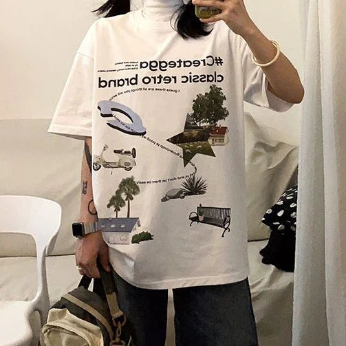 Product Image for Sandsberg | Sommer Vintage Druck Lockere T-Shirt Casual O-Ausschnitt Slim All Match Top Damen Kurzarm Harajuku Y2k Ästhetik Mode Tees, WEISS / XXL