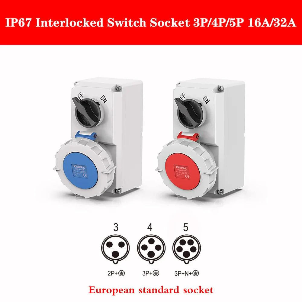 Product Image for Sandsberg | Robuuste duurzame waterdichte 32A CEE combinatie stopcontact met circuitbescherming en schakelbediening, IP67-interlock schakelaars / 3PIN