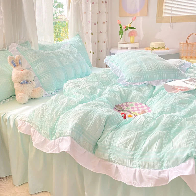 Product Image for Sandsberg Kawaii Princess Seersucker Bettwäsche-Set Luxus Einfarbig Bettbezug Bettlaken Kissenbezug Einzel Doppel Größe Für Mädchen Dekor, Checker - 