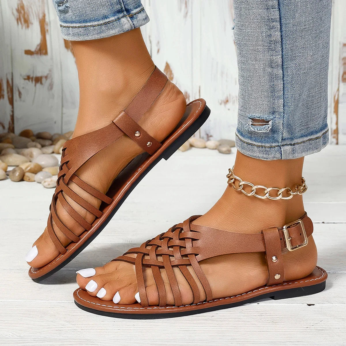 Product Image for Damen Roma Stil Schmale Band Geflochtene Offene Zehen Sandalen Schwarzes Leder Runde Zehe Durchbrochen Atmungsaktive Sommer Flache Schuhe für Frauen, 
