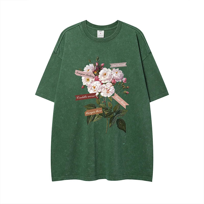 Product Image for Sandsberg | Vintage Flowers Grafikdruck T-Shirt Gothic Männer T-Shirts Gewaschen Kurzarm Herren Tops Rundhalsausschnitt Allgemeines T-Shirt, grün / 