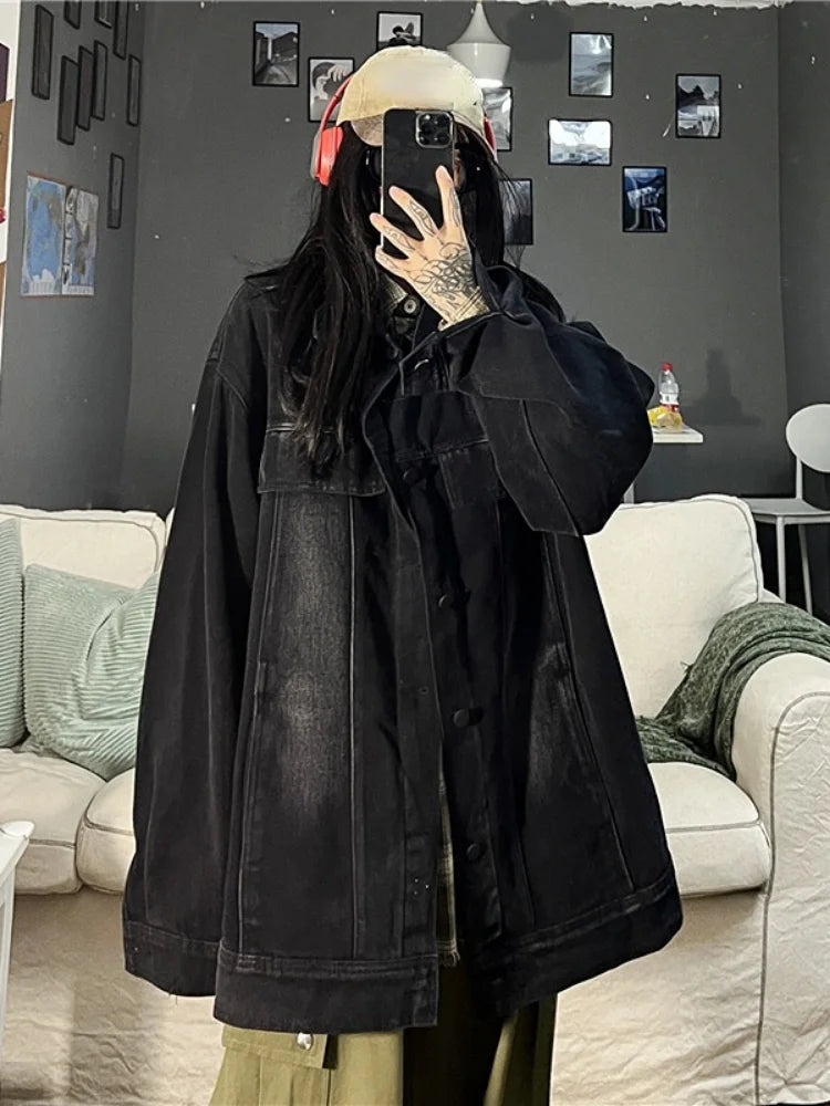 Product Image for Sandsberg | Y2k Ästhetik Streetwear Jeansjacke Damen und Herren Harajuku Vintage Punk Cargo Tops Lockere Mode Casual Chaqueta Mujer, schwarz / XXL
