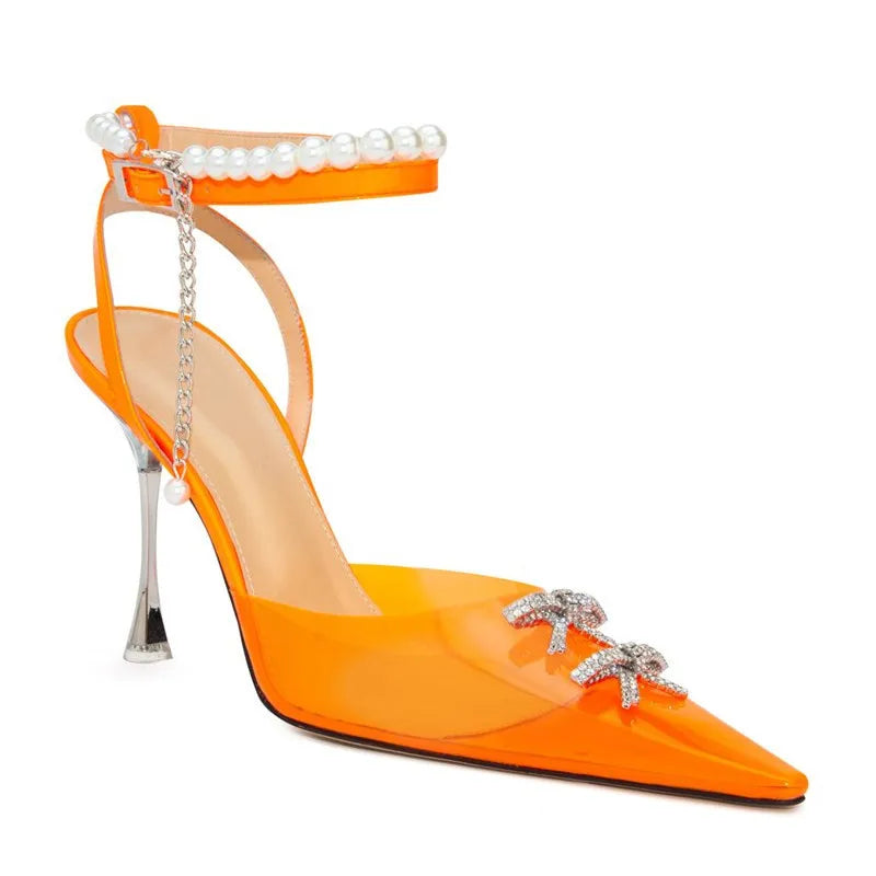 Product Image for Weiche PVC Damen Sandalen Luxus Strass Perlen Ketten Absatzschuhe Gladiator Sommer Hochzeitschuhe, Orange / 41
