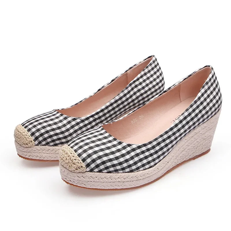 Product Image for Wedges Absatzschuhe Damen Frühling Sommer Stoff Plaid Damen High Heel 7cm, Schwarz / 4