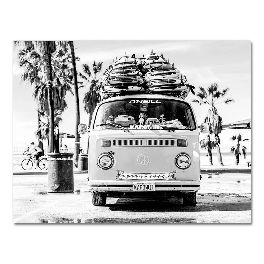 Product Image for Schwarz-Weiß-Fotografie Wohnmobil Strand Surf-Druck Palmenbaum Kunst Leinwandgemälde Ozean Poster Wohnzimmer Wohndekor Geschenk, Pic 3 / 40x50cm Ohne 