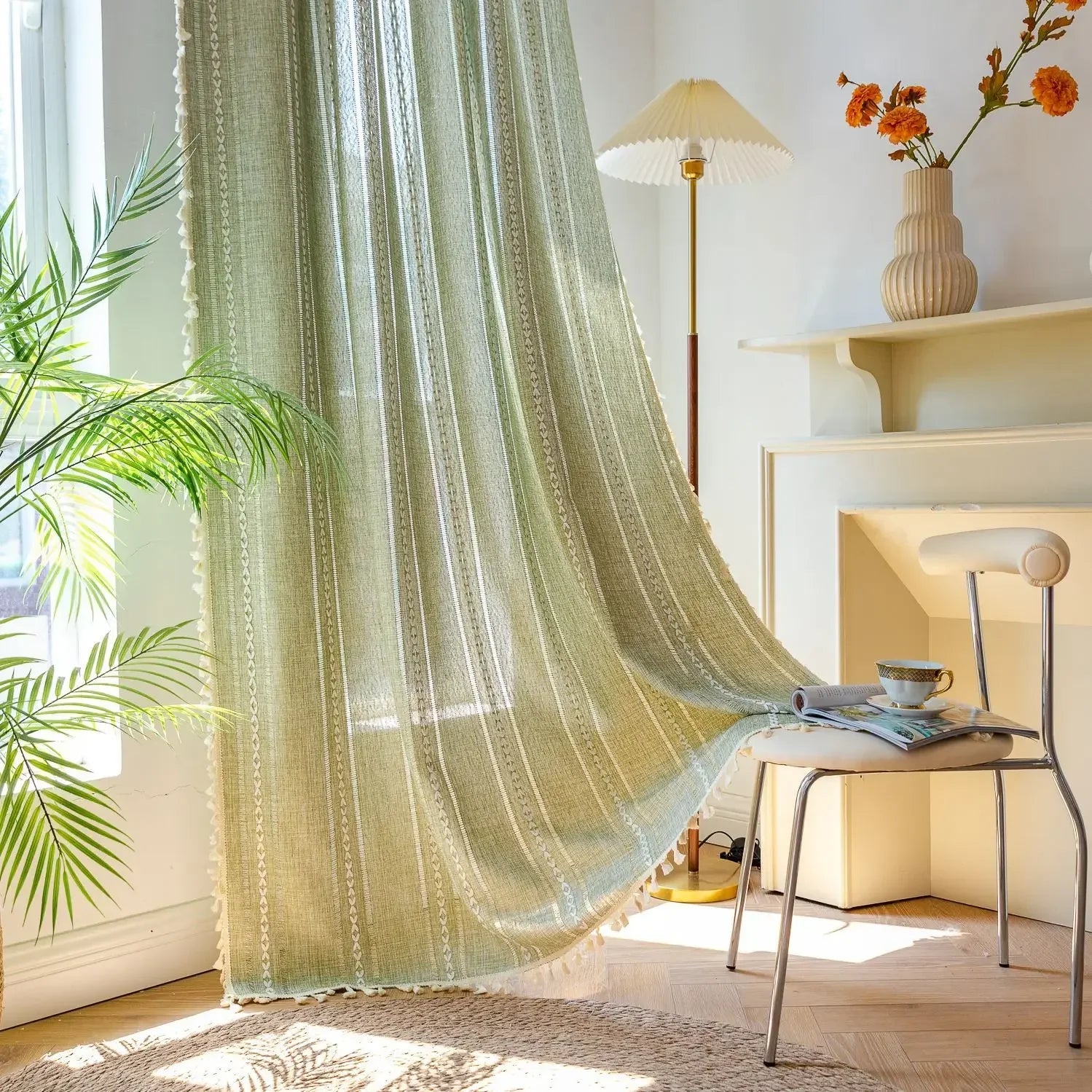 Product Image for Sandsberg Baumwoll-Leinen Mischvorhänge Straße Taschen Schattenvorhang Quaste für Küche Schlafzimmer Wohnzimmer Erkerfenster Schrankvorhang, Olivgrün 