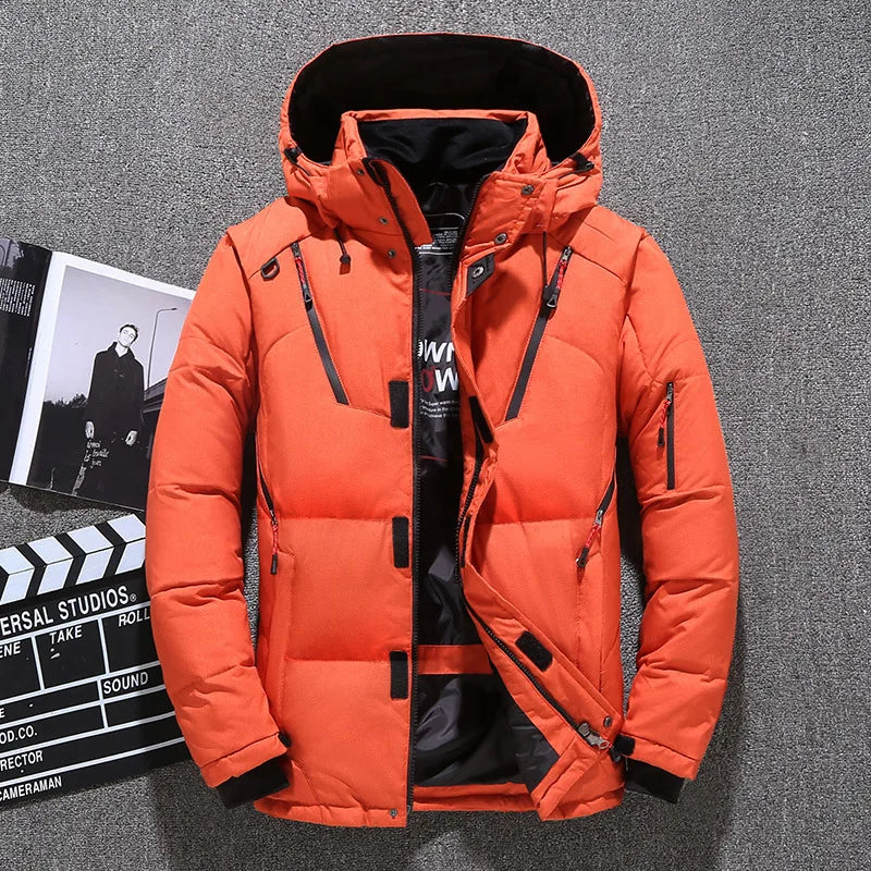 Product Image for Winter Herren Weiße Entendaunenjacke Warme Kapuzen Dicke Slim Fit Puffer Jacke Mantel Männlich Lässig Hochwertiger Übermantel Wärmend, Orange / 175 cm