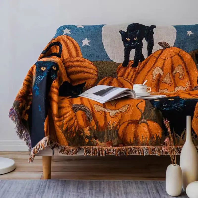 Product Image for Sandsberg | Textile City Halloween Kürbis Katze Quaste Werfen Decke Retro Ins Stil Luxus Wohnkultur Weiche Abdeckung Dicke Picknickmatte, Kürbis Katze