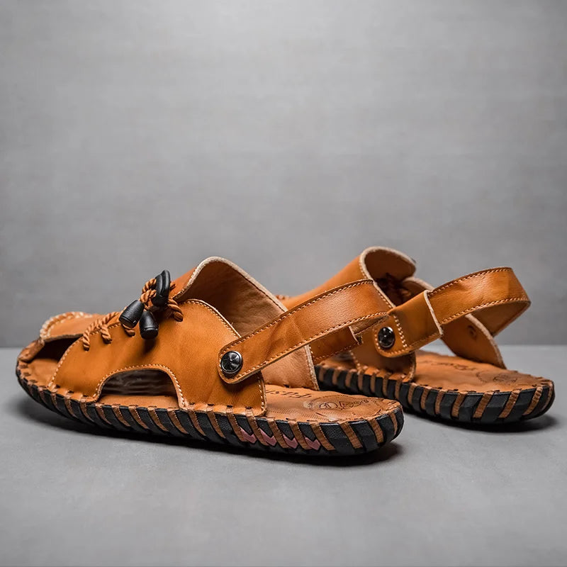 Product Image for Golden Sapling Sommer Herren Sandalen Echtes Leder Strand Schuhe Atmungsaktive Freizeit Fußbekleidung Plattform Lässig Flach, Gelb Braun / 39