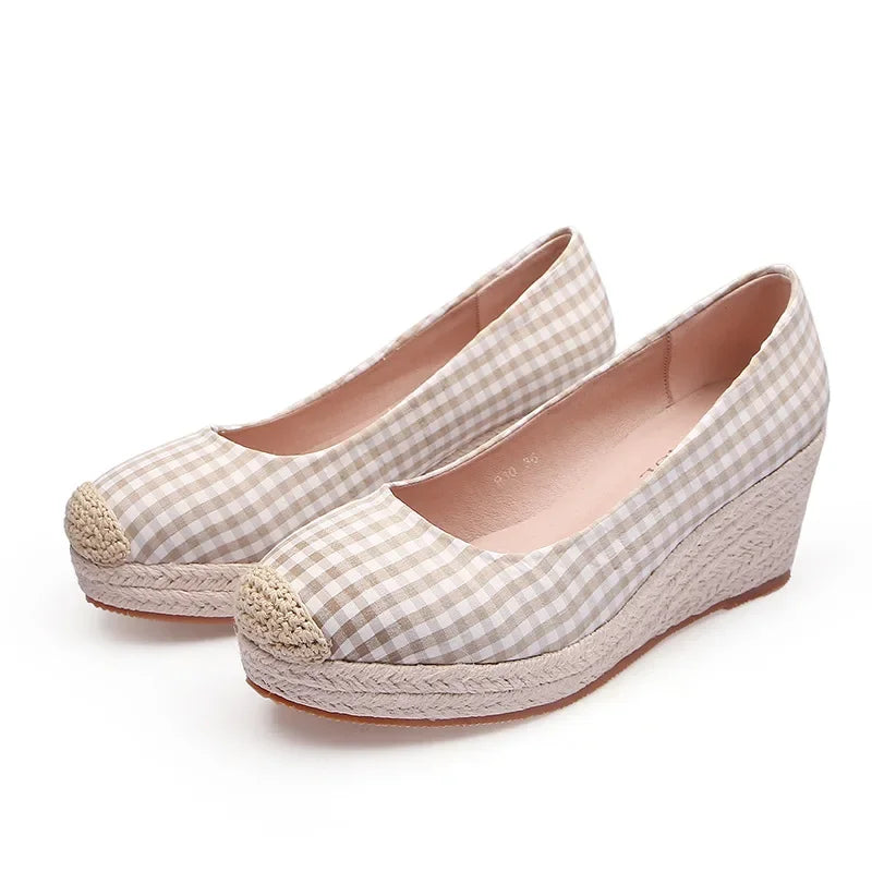 Product Image for Wedges Absatzschuhe Damen Frühling Sommer Stoff Plaid Damen High Heel 7cm, Aprikose / 4