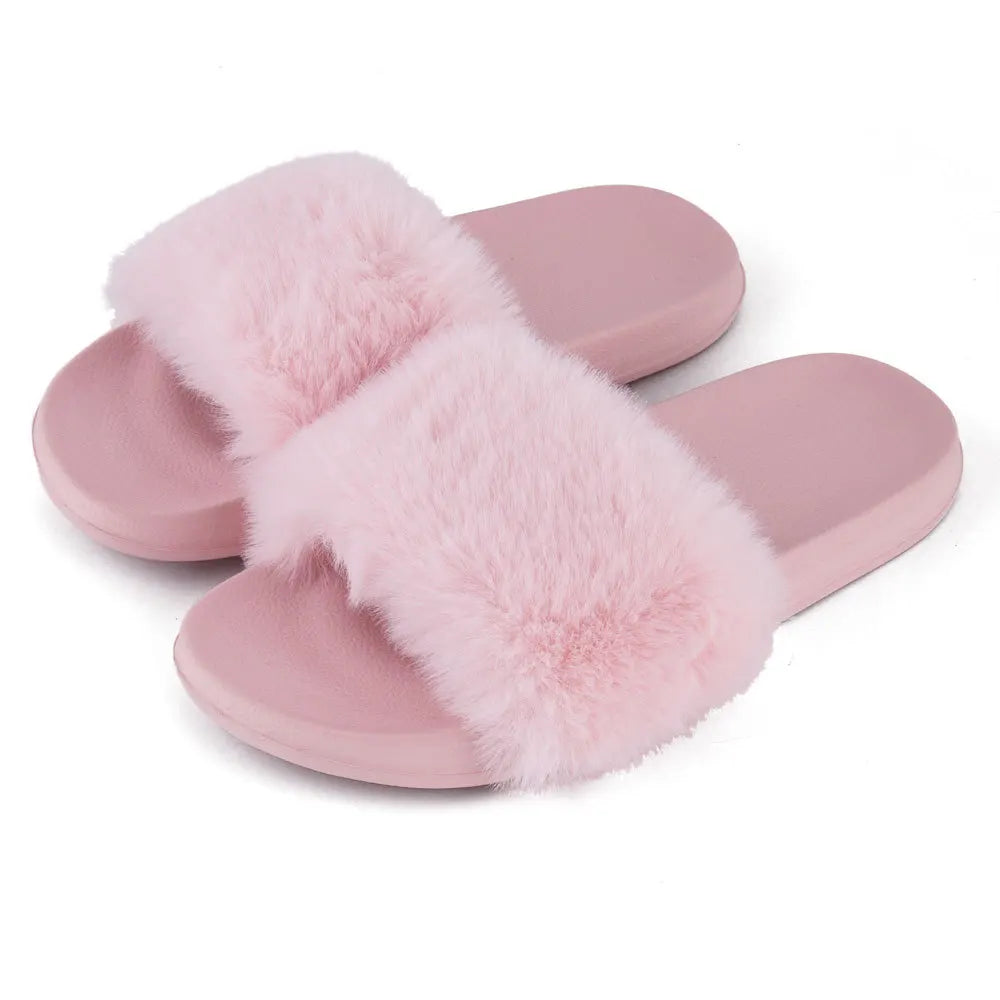 Product Image for Sommer Hausschuhe Damen flach einfarbig offen Zehe Flip-Flops Kunstfell Fuchsfell Hausschuhe, Rosa / 38-39