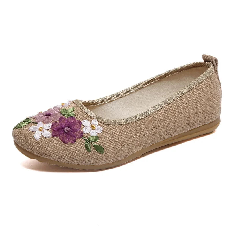 Product Image for Vintage Bestickte Damenflats Blumen Slip-On Baumwollstoff Leinen Alte Peking Ballerina Flache Schuhe, Beige / 38 Einlage 24,0 cm