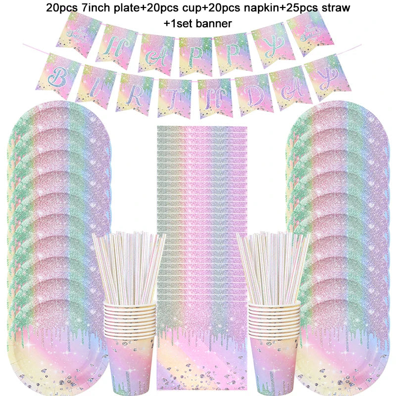Product Image for Sandsberg Iridescent Diamond Einweg-Geschirrset Pappteller Becher Servietten Mädchen Kinder Geburtstagsparty Dekoration Supplies Baby Shower, 85 Stück