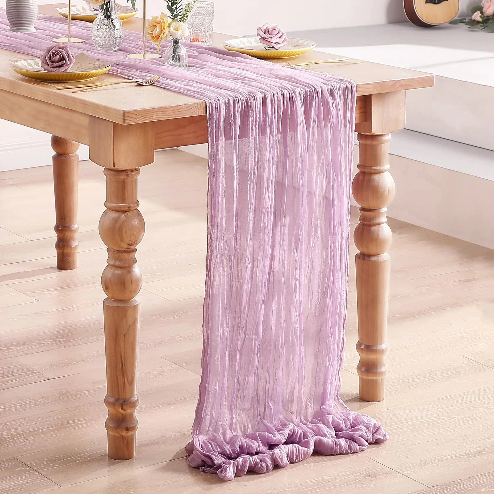 Product Image for Vintage dünner Mull Käsetuch Tischläufer rustikal retro Boho für Zuhause Feiertag Hochzeit Esstisch Dekor, Lila / 90x340cm