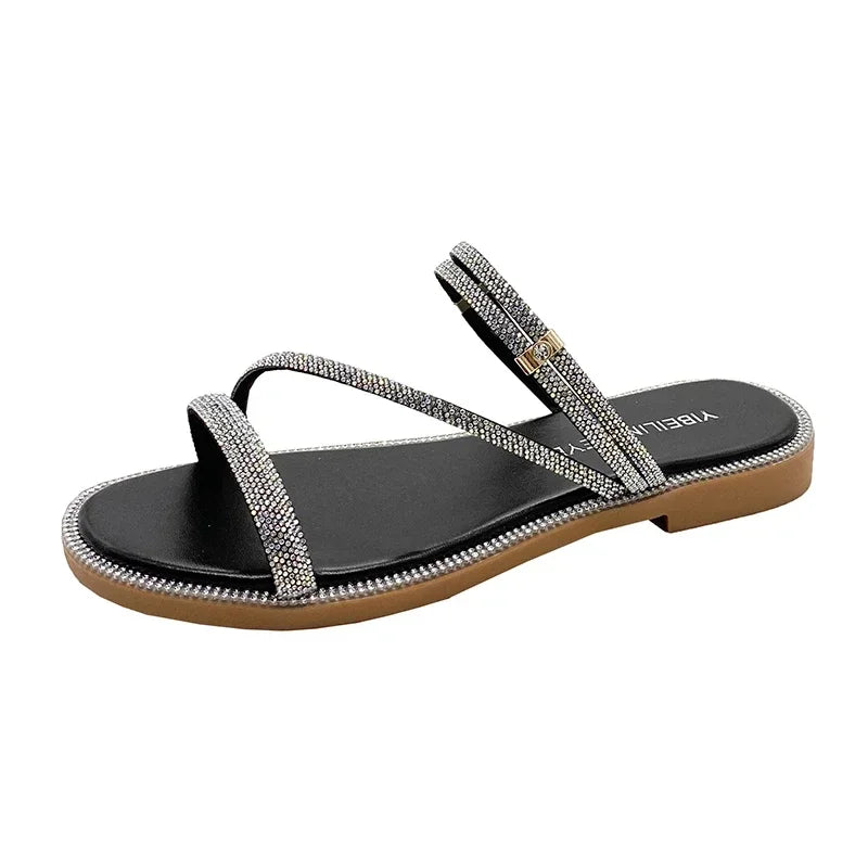 Product Image for Sommer Frauen Sandalen Flach Shiny Strass Hausschuhe Modische Frauen Strand Hausschuhe Slip-On Freizeit Schuhe Rutschen, 36 / schwarz