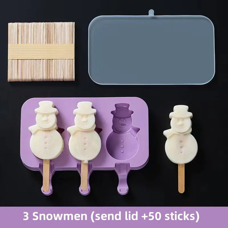 Product Image for Silikon-Eis-Popsicle-Form: Siamesische Formen mit Deckel für DIY hausgemachtes Eis am Stiel - Cartoon süßes Bild Küchengeräte, 3 Schneemänner