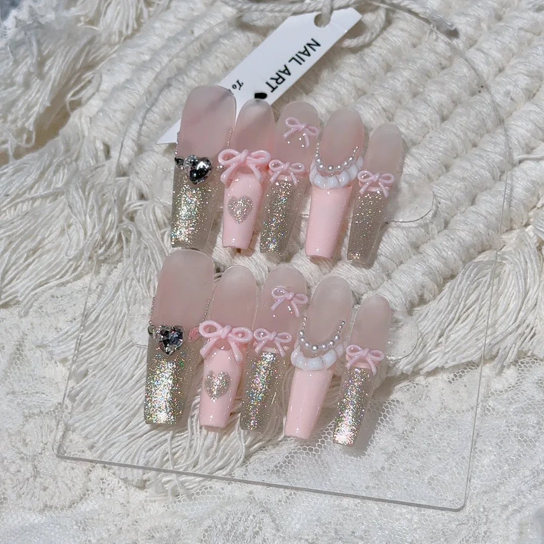 Product Image for Sandsberg | 10 Stück Pink Bow Fake Nails Glitterpulver Dekor Süß Französisch Aufkleben Nägel für Damen Mädchen Tragbare Handgemachte Koreanische Fake 