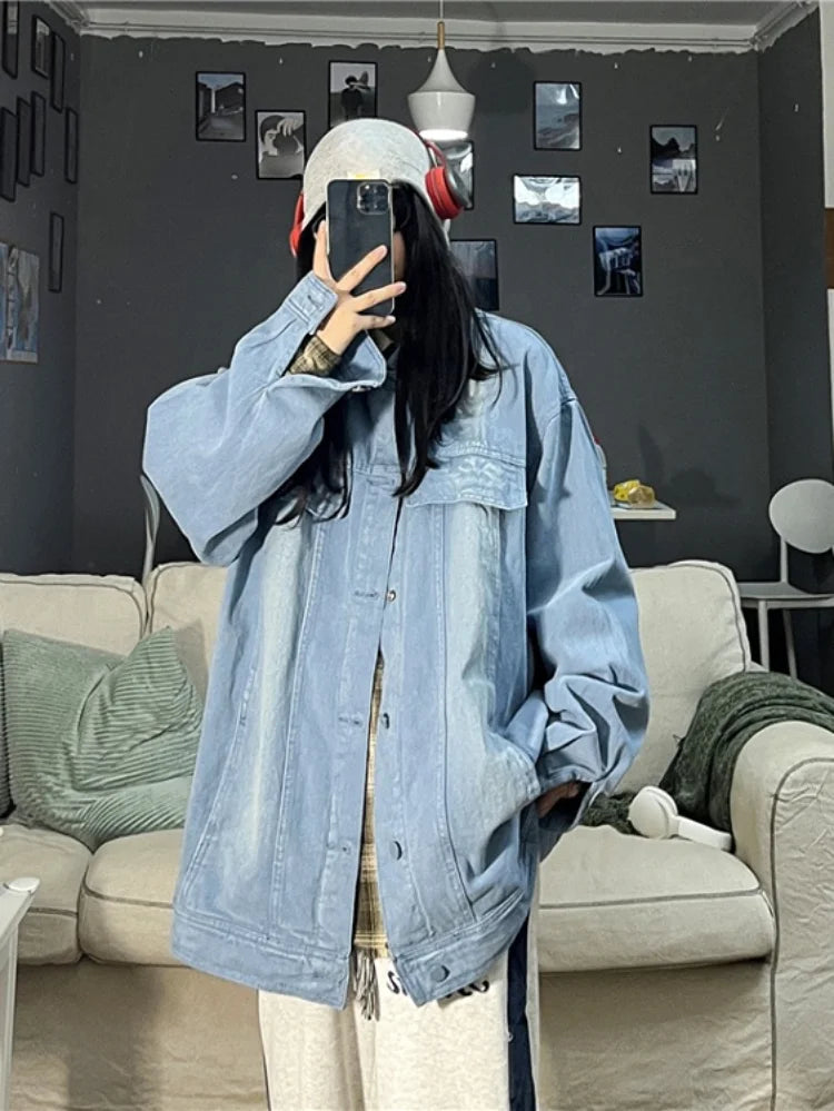 Product Image for Sandsberg | Y2k Ästhetik Streetwear Jeansjacke Damen und Herren Harajuku Vintage Punk Cargo Tops Lockere Mode Casual Chaqueta Mujer, Blau / L