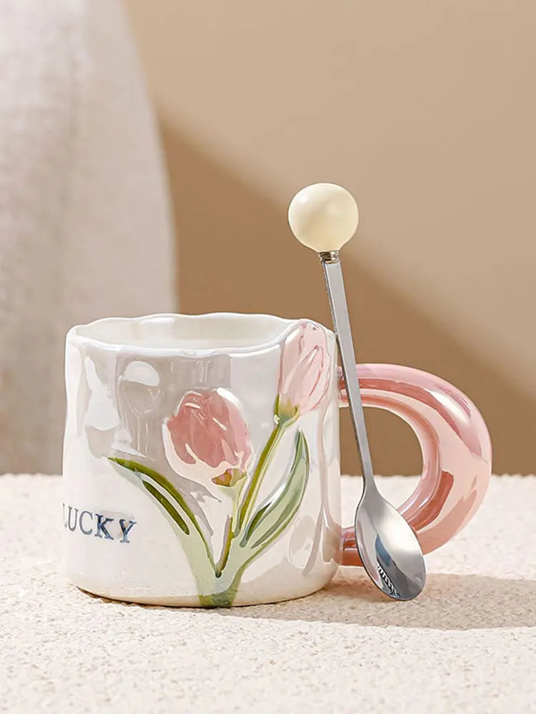 Product Image for Tulip Cup Creative Ceramic Mug with Handle and Spoon Gift Cute Couple Coffee Water Mug Wedding Birthday Gifts, Rosa / 380 ml