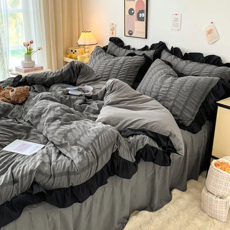 Product Image for Sandsberg | Bubble Yarn Seersucker Französischer Stil Prinzessinnen Spitze Bettwäsche Set Deckenbezug Set Rockblatt Königin Für Mädchen Dekor Zuhause,