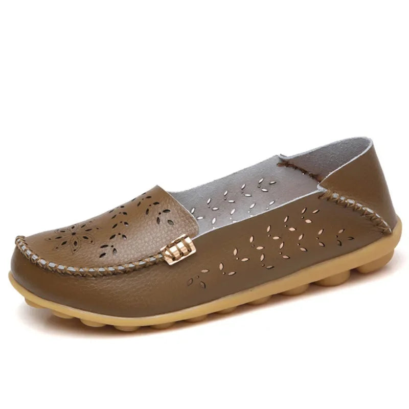 Product Image for Faltbare Ballerina-Einlegesohlen Echter Leder Loafers Frauen Mokassins Sommer Blumen Rundzehen Rutschige Casual Schuhe, Khaki / 37
