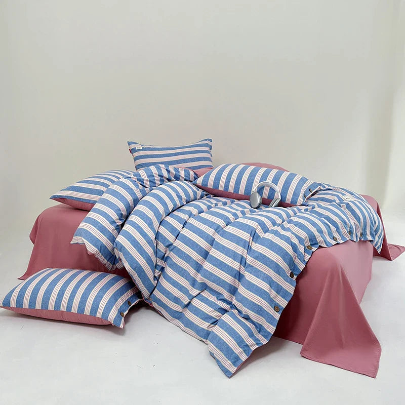 Product Image for Sandsberg | Streifen Bettwäsche Set Plaid Bettbezug 100% Gewaschenes Baumwolle 4tlg Bettwäsche für Winter Bett mit Laken Kissenbezügen Heimtextilien, 