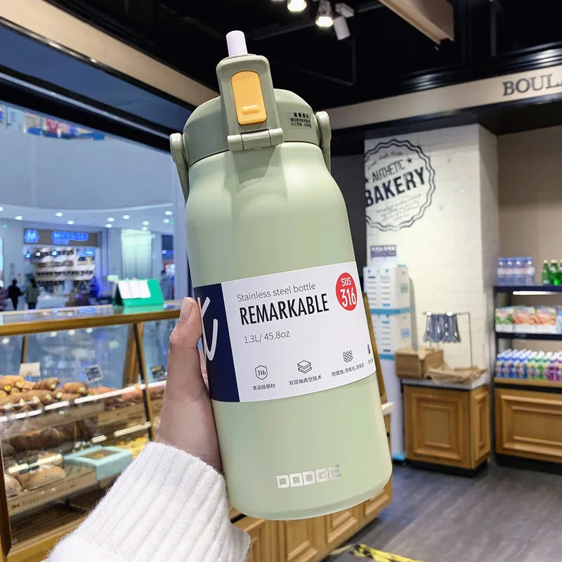 Product Image for Ultra Capacity 1300ML Edelstahl Thermosflasche mit Strohhalm - Perfekt für heiße & kalte Getränke, Sport und Freizeit, grün / 1300ml