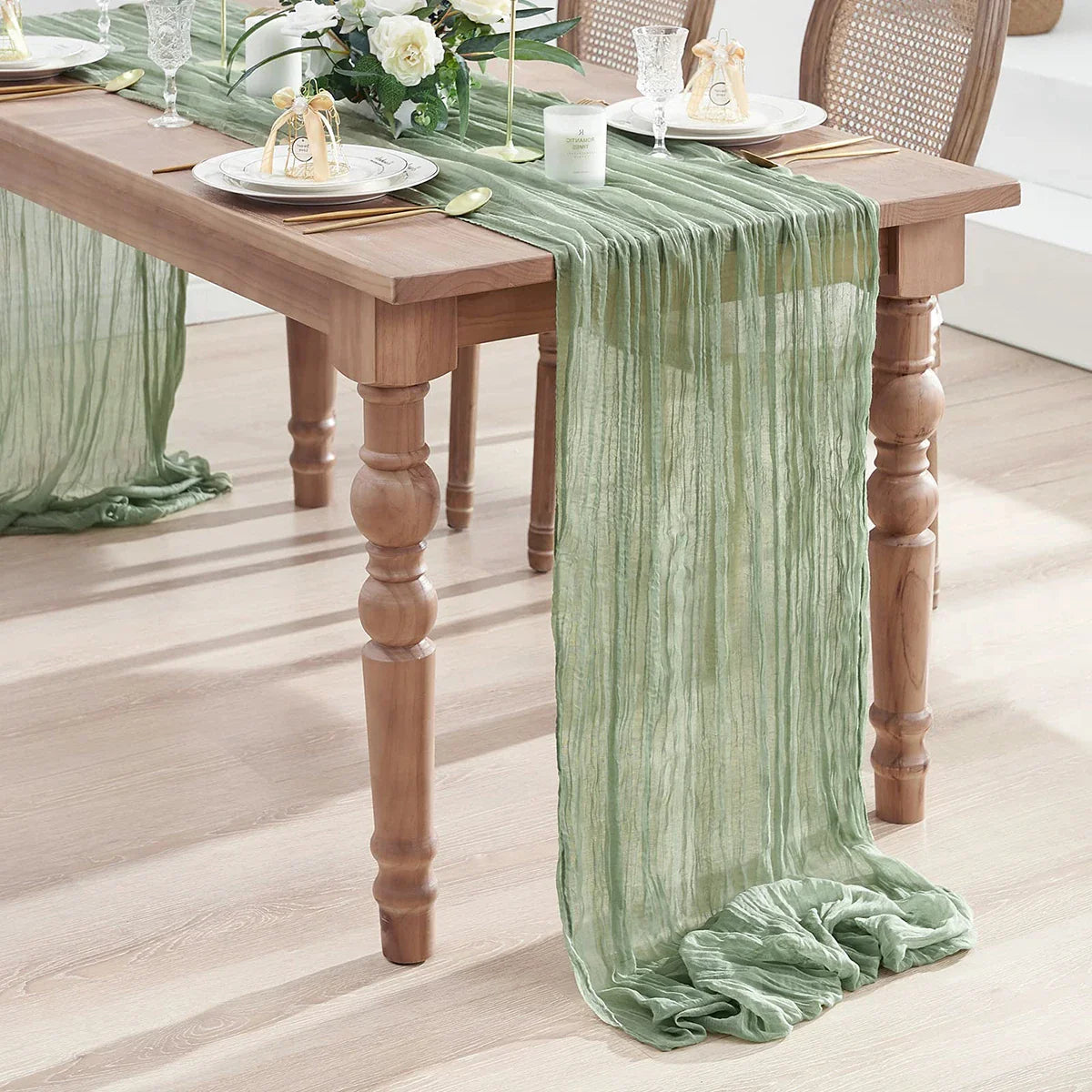 Product Image for Vintage dünner Mull Käsetuch Tischläufer rustikal retro Boho für Zuhause Feiertag Hochzeit Esstisch Dekor, Salbei / 90x400cm