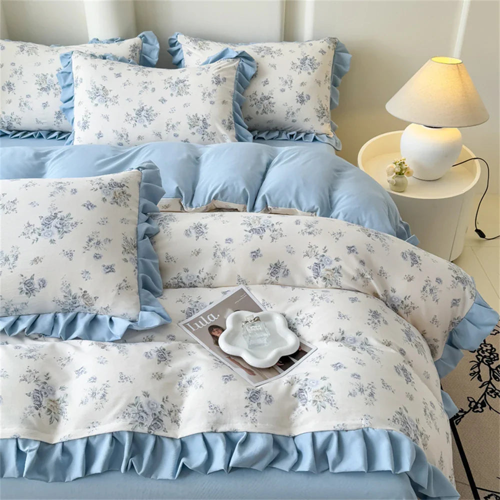 Product Image for Sandsberg | Koreanischer Stil Prinzessinnen Bedrucktes Gewaschene Baumwolle Bettwäsche Set Pastorale Blumen Spitzen Rüschen Bettbezug Set Kissenbezug 