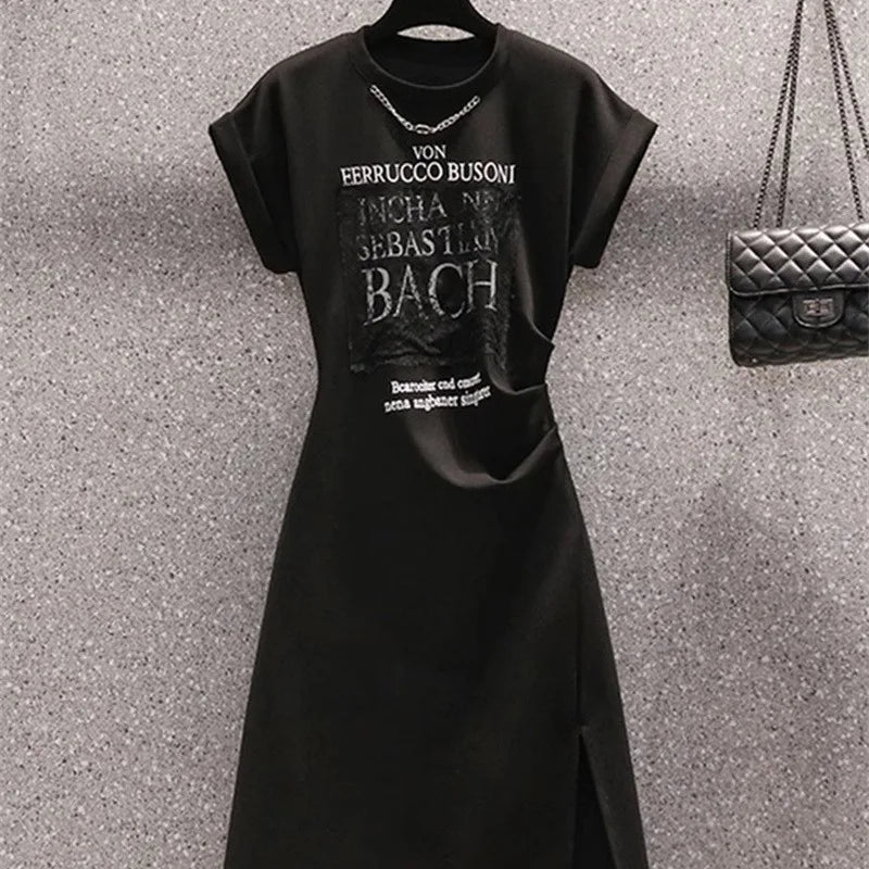 Product Image for Sandsberg | Sommerkleid Plissiert Schlitz Bedruckt Rundhals Kurzarmkleider Unregelmäßig Heiße Mädchen Bedruckte Lange Röcke Trendige Kleidung, Schwarz