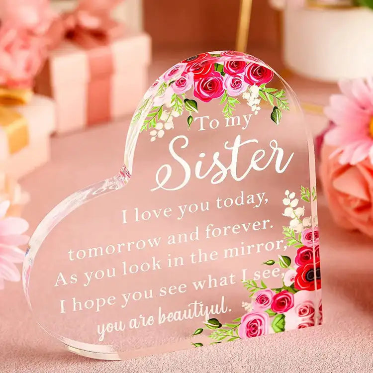 Product Image for Sandsberg | Bestie Schwester Rose Druck Kristall Acryl Herz Plakette Gedenk Geburtstag Geschenk für Familienmitglied Gute Freundin Andenken Tisch 