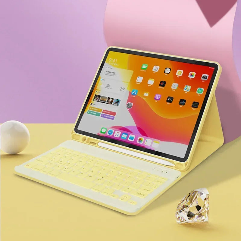 Product Image for Sandsberg | Spanische Tastaturhülle für iPad 10th Air 11 Air 5 4 10.9 Hülle 10.2 9th 8th Pro 11 10.5 Air 3 Wireless Magnet PU Flip Standhülle, gelb 