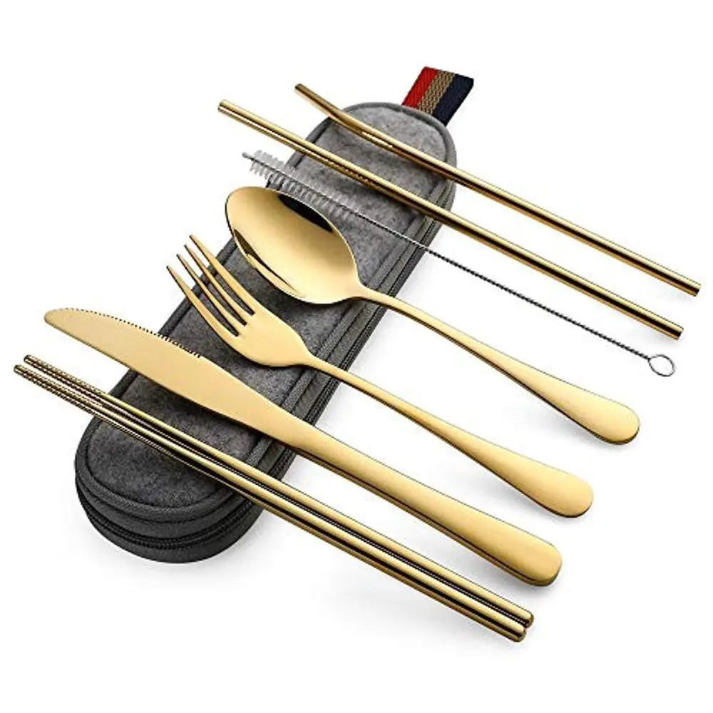 Product Image for Tragbares Edelstahl-Reise-Besteckset - 8-teiliges wiederverwendbares Besteckset mit Löffel, Gabel, Essstäbchen, Strohhalm & Etui, Gold