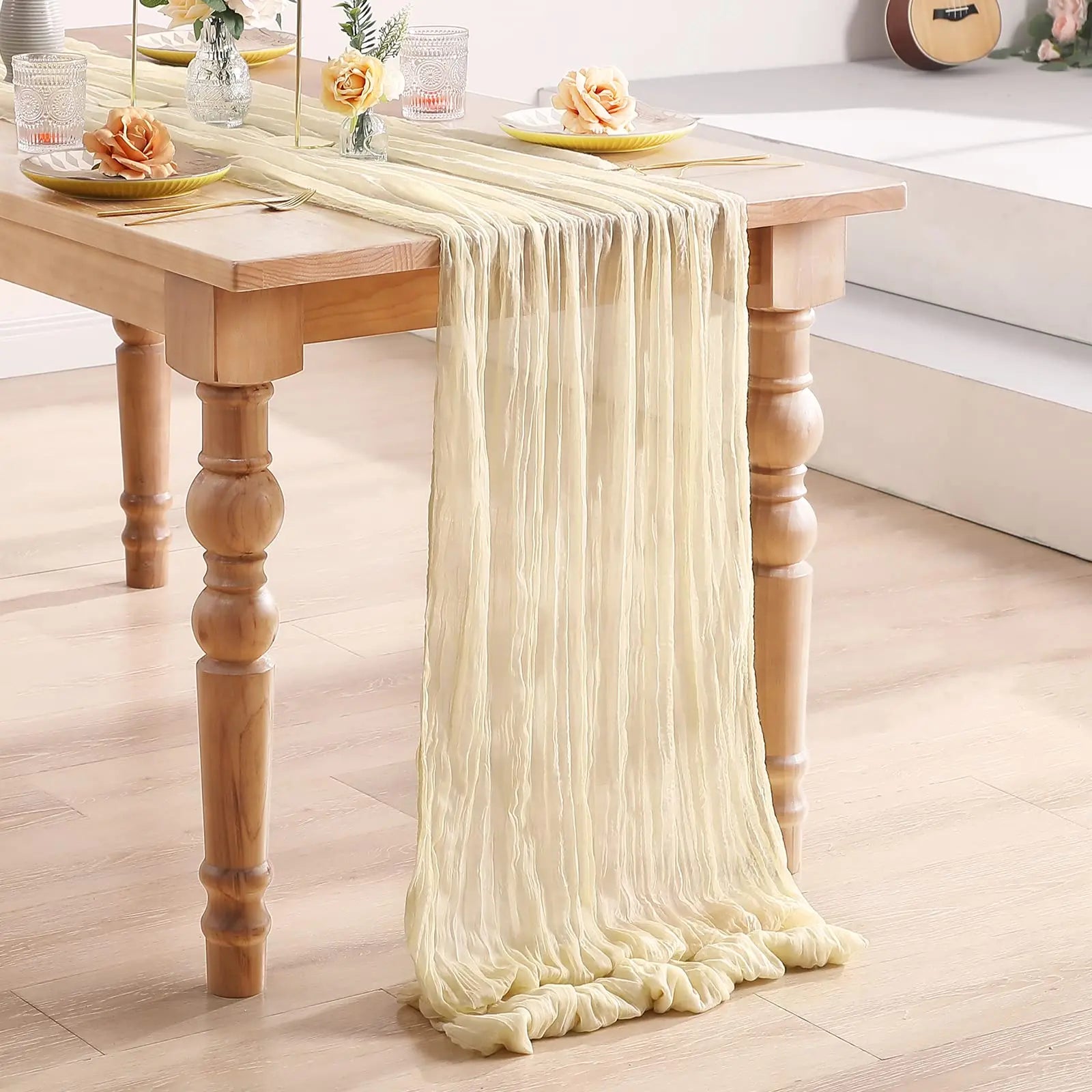Product Image for Vintage dünner Mull Käsetuch Tischläufer rustikal retro Boho für Zuhause Feiertag Hochzeit Esstisch Dekor, Beige / 90x340cm