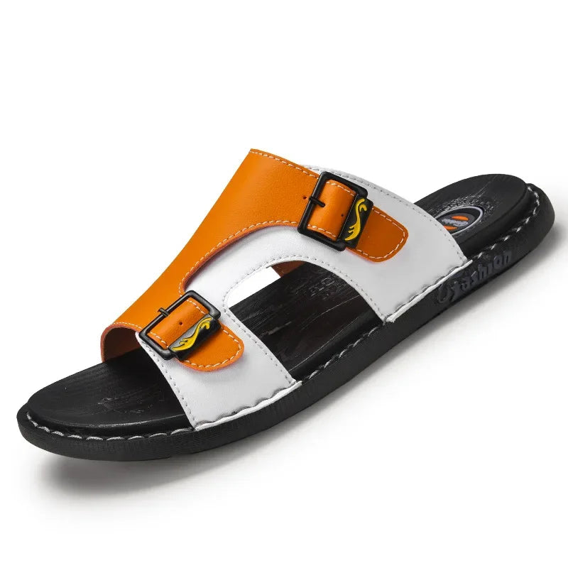 Product Image for Sommer Echtes Leder Hausschuhe für Herren Sommer Pantoletten Sandalen Strand Außenschuhe Hombre, braun orange 2681 / 46 Länge 28,0 cm
