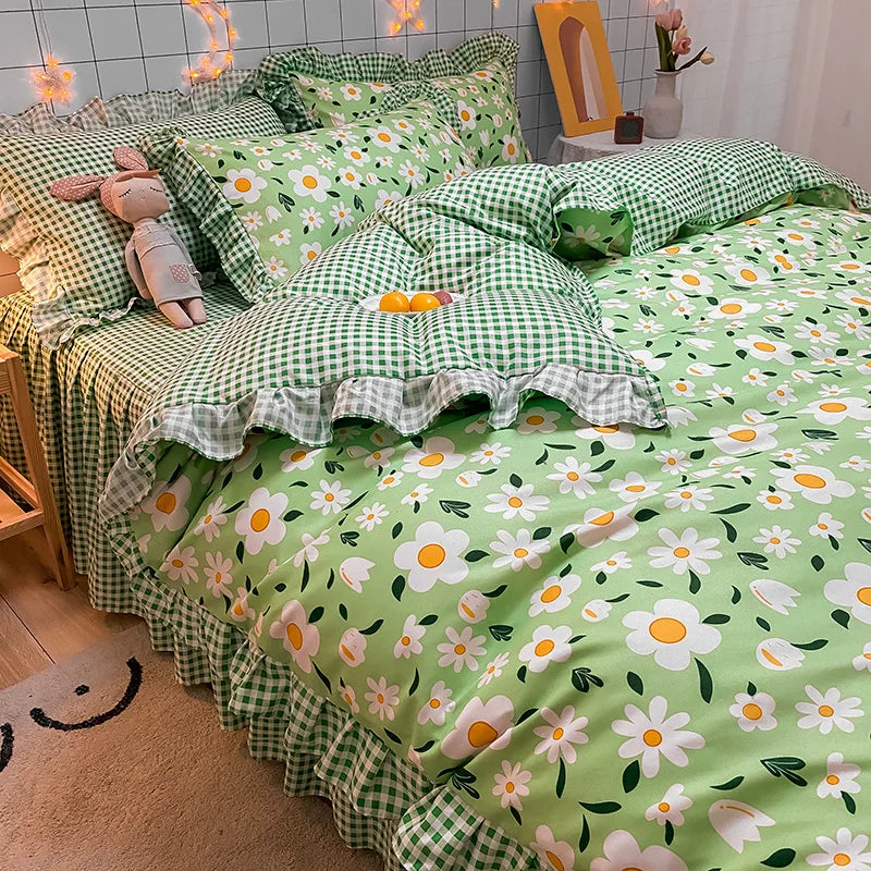 Product Image for Sandsberg | Korean-Vierteil-Set Herbst Winter Bettwäsche Prinzessinnenstil Spitzenbettbezug Blatt Frühling und Sommer Bett, Frühling / 1.8 Bettrock 