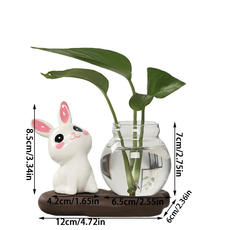 Product Image for Transparente Glas-Aquarienvase Keramik Kaninchen Hydroponische Pflanzenvasen mit Holzsockel Blumenflasche Tischdeko, A