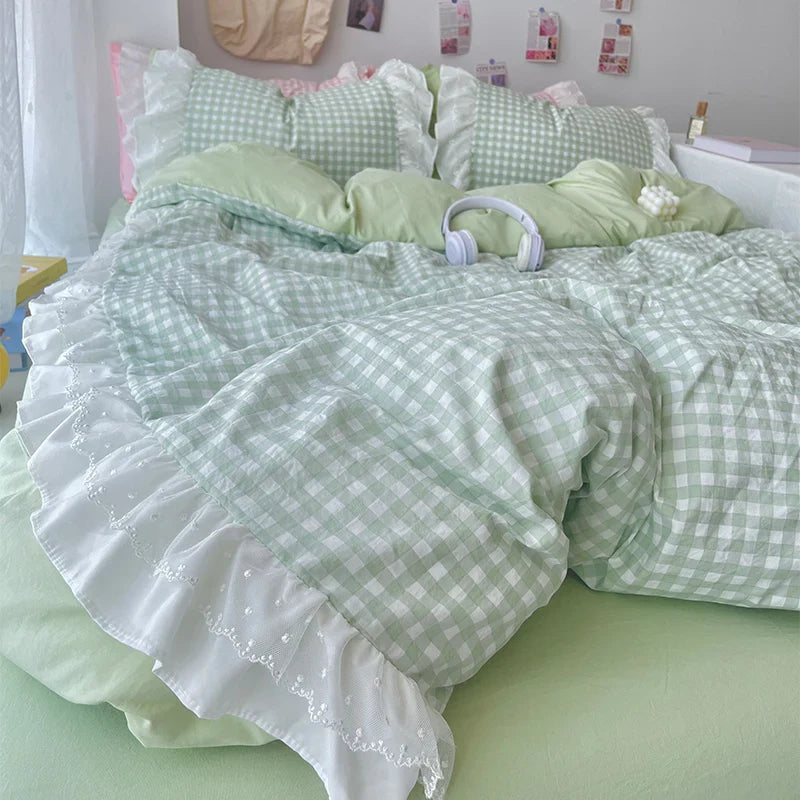 Product Image for Sandsberg | Korean Princess Style Gitter Doppelschicht Spitze Bettwäsche Set Weicher Deckenbezug Karomuster Bettbezüge Set Bettlaken Kissenbezüge, 