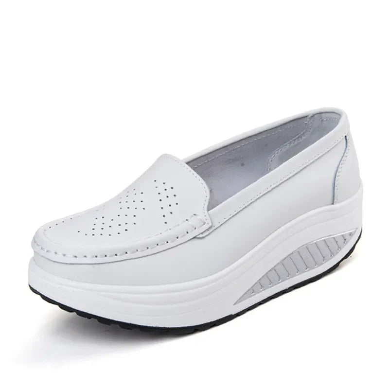 Product Image for Sommer Echtes Leder Damen Schuhe Krankenschwester Swing Arbeit alle Einzelstern Wedges Schwarz Weiß Plattform, weiß-5 / 35