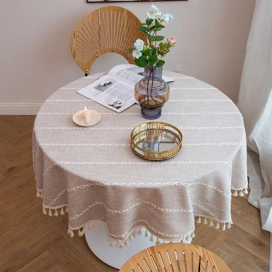 Product Image for Sandsberg Baumwolle Leinen Dreidimensional Jacquard Kariert runde Tischdecke, Quasten Staubdicht Tischdecke, Für Abendessen Party Hochzeit Dekor, M 