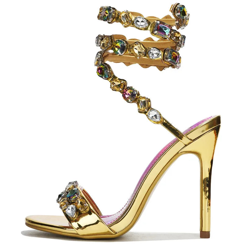 Product Image for Star-Style Luxus Kristall Verzierte Wickel Frauen Sandalen Stiletto Hohe Absätze Gladiator Sommer Hochzeit Prom Schuhe, Gold / 35