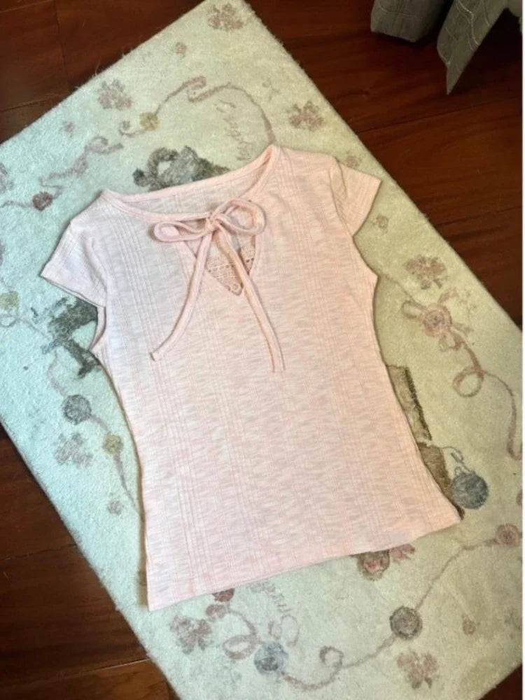 Product Image for Sandsberg | Pink Solid Coquette T-Shirts Damen Y2k Vintage Elegant Süß Sexy Spitzen Patchwork Bandage V-Ausschnitt Slim Tees Tops 2025 Chic, Rosa / L