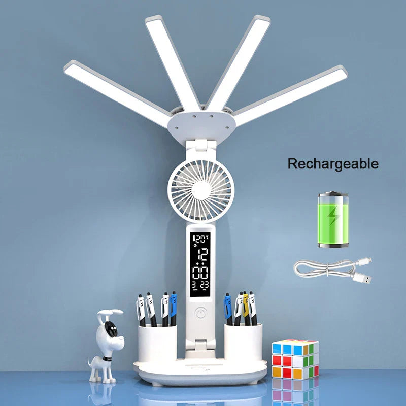 Product Image for Wiederaufladbare LED-Schreibtischlampe mit Ventilator, Uhrenanzeige und 3-Farben-Dimmung zum Lernen und Lesen, Fan Laden