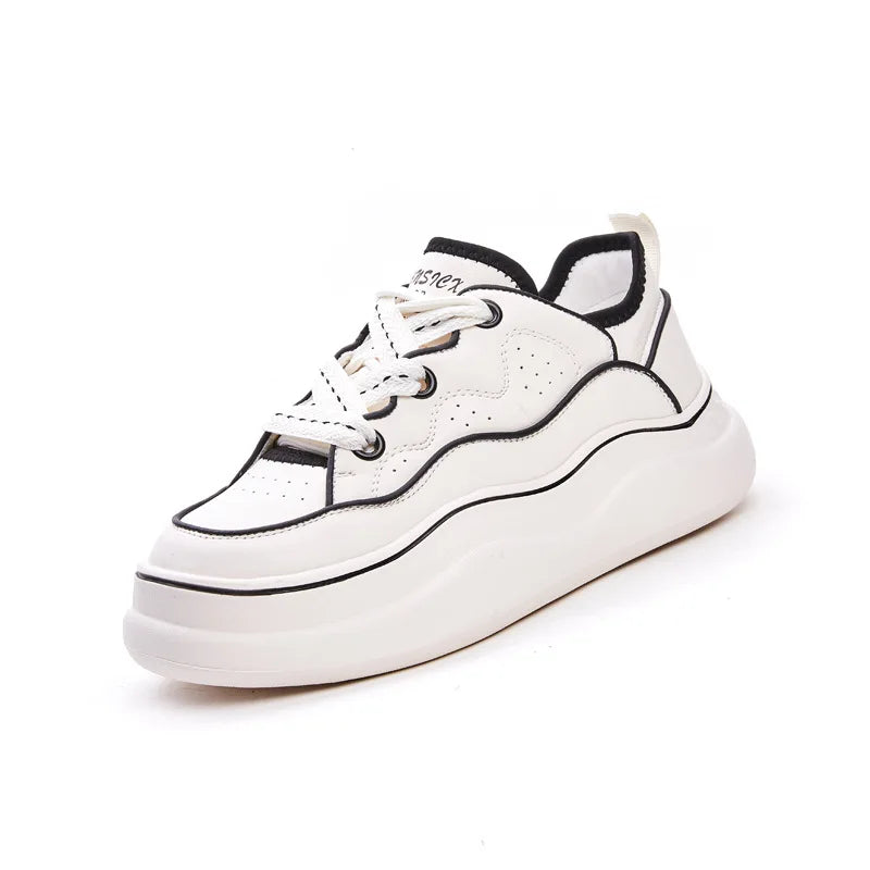 Product Image for Sneaker Damen Echtes Leder Schuhe Junge Damen Casual Höhe Weiß Dicke Sohle, Schwarz / 5.5
