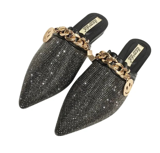 Product Image for Schwarze Khaki Italienische Damenschuhe Klassische Luxus Retro Pantoletten Flache Metall Mischfarben Slides Flach Outdoor Modisch 43, schwarz / 35(